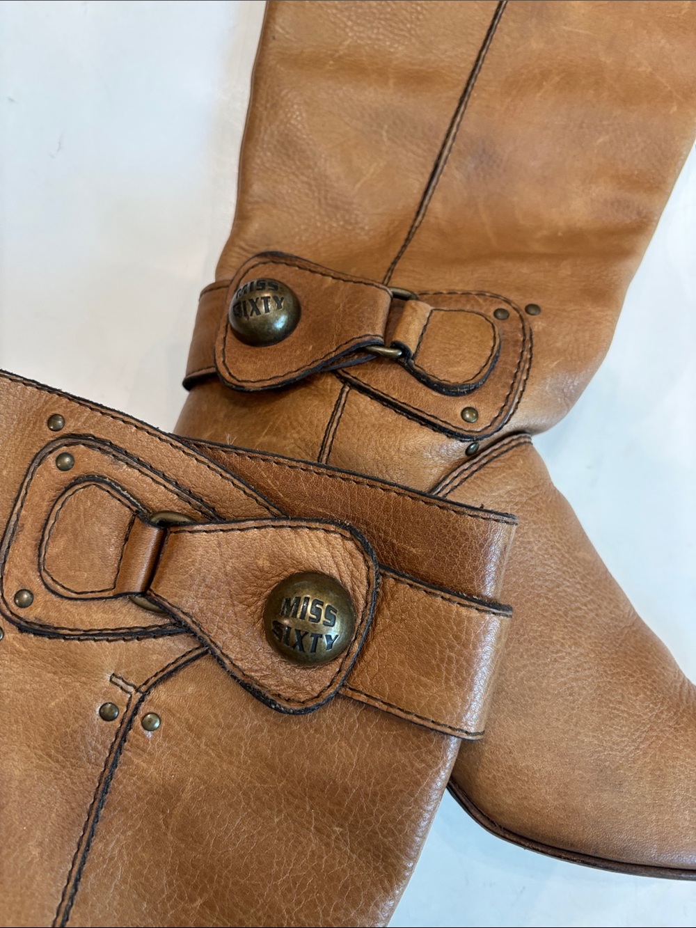 Miss Sixty Tan Leather Knee Boots Y2K Buckle Detail Stacked Heel EU 38 - Picture 8 of 15